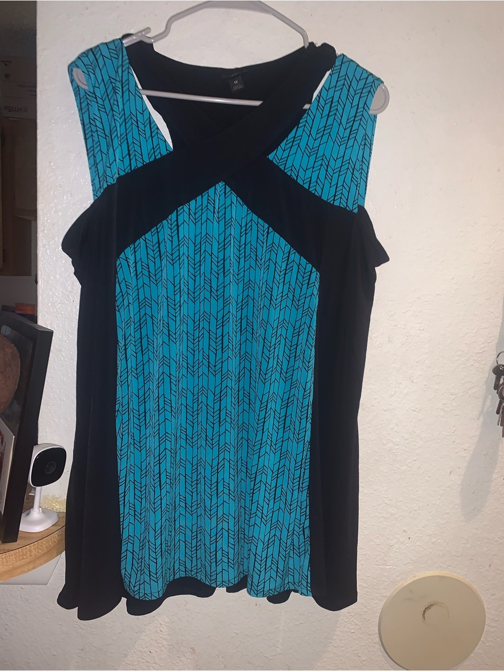 Worthington Black and Teal Patterned Cross-Front Tank Top